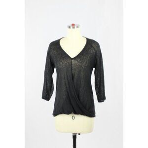 BROCHU WALKER Black Slub Linen Jersey 3/4 Sleeve Draped Front T-Shirt, Size P